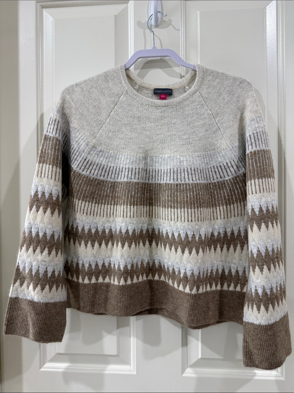 Vince Camuto Beige and Cream Fair Isle Wool-Blend Crewneck Sweater